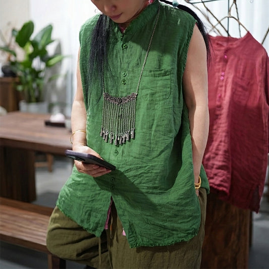 Washed linen vest front view with a relaxed everyday fit