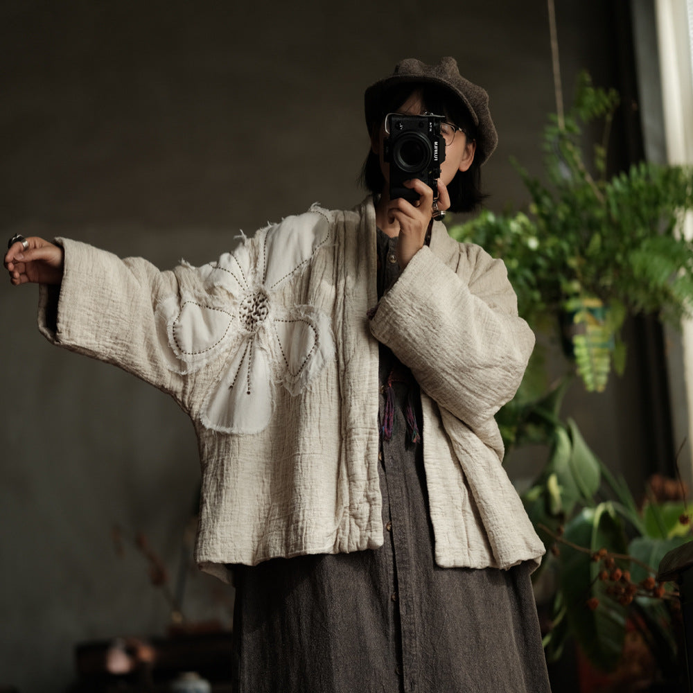 Vintage outfit styled with padded appliqué cardigan