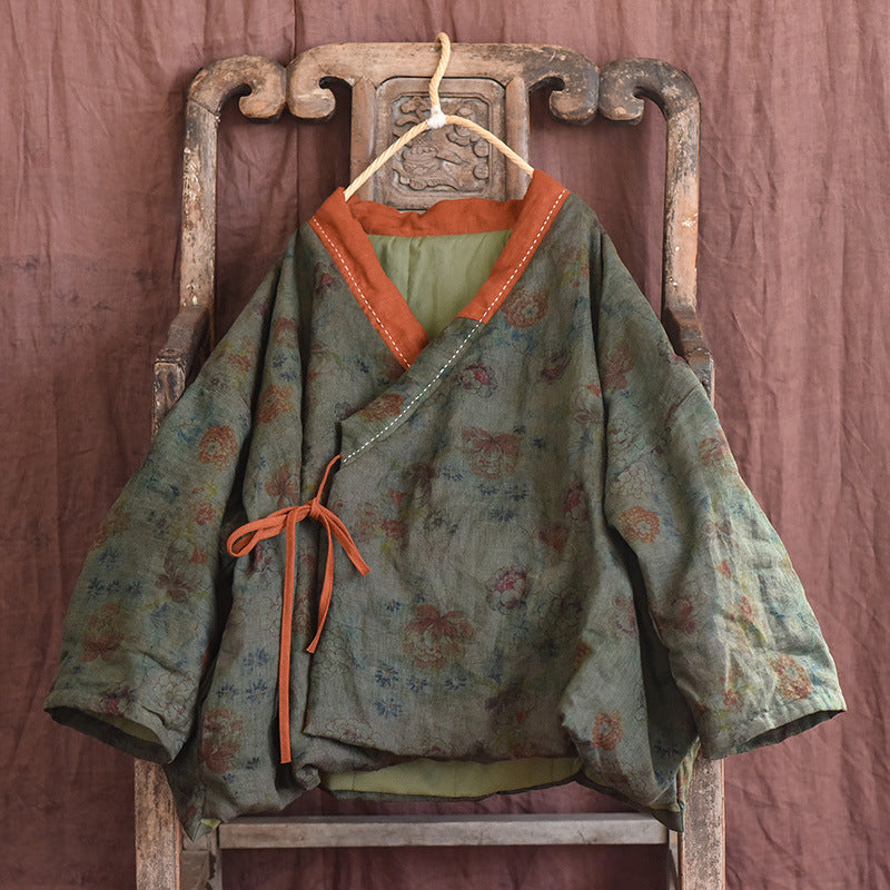 Floral bohemian print detail on linen padded quilted kimono
