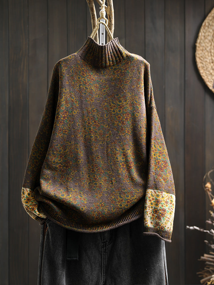 Casual styling of high-neck cotton knit floral pullover