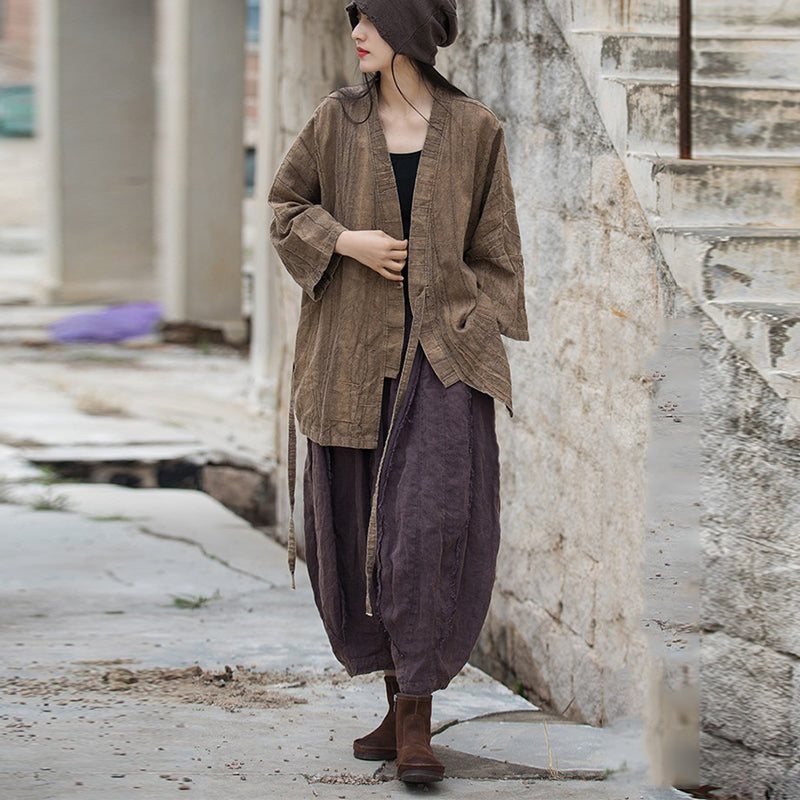 Front view of tie-dye distressed cotton-linen kimono jacket