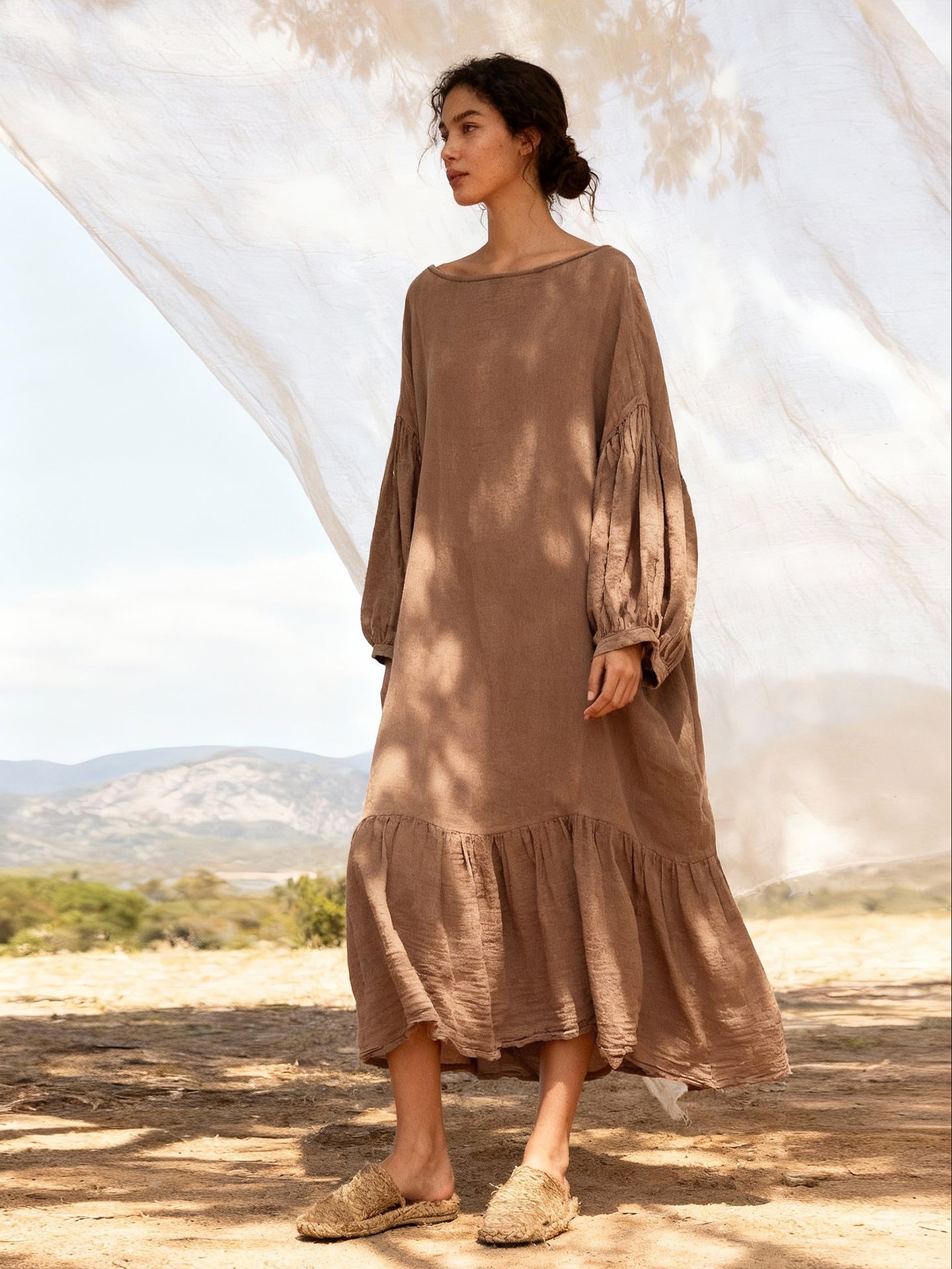 Khaki Ramie Lantern Sleeve Midi Dress front view