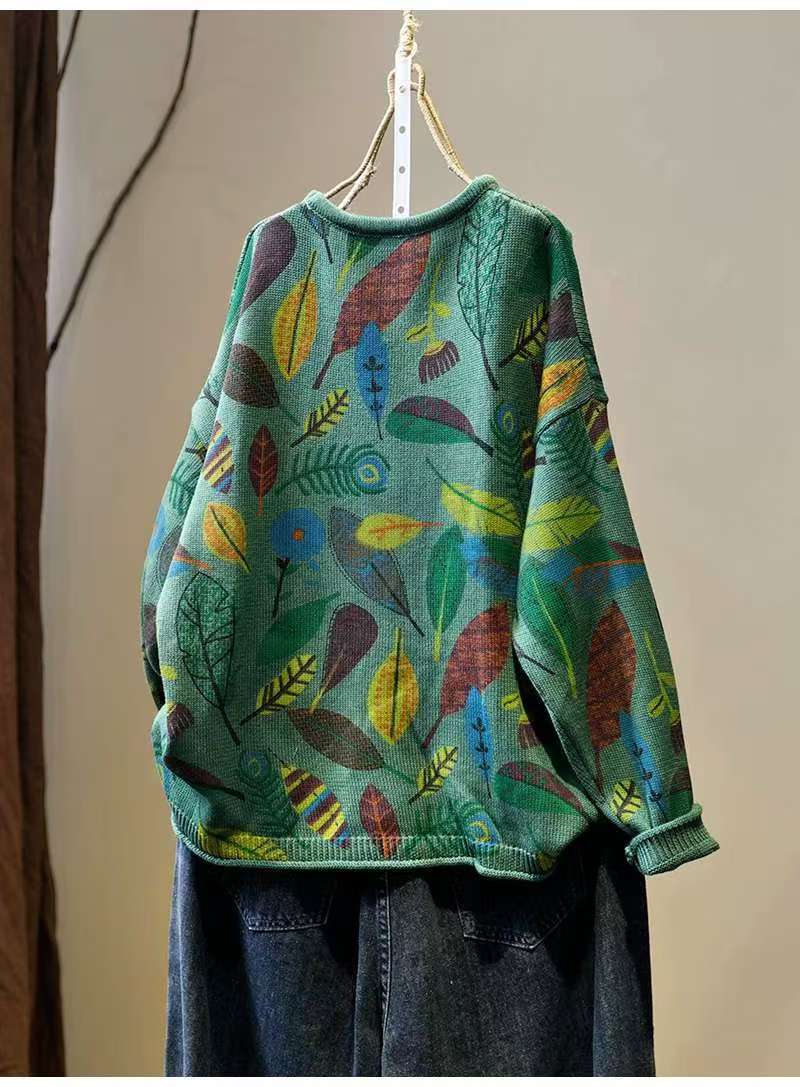 Back view of vintage leaf pattern knit sweater