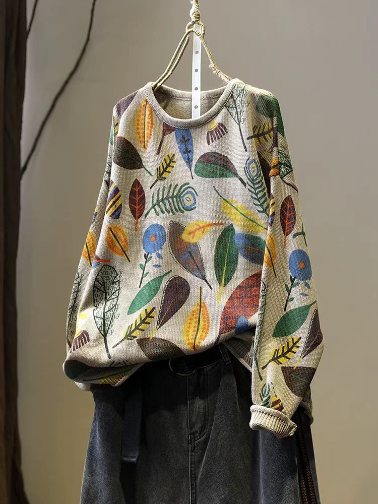 Leaf pattern knit sweater layered for fall winter