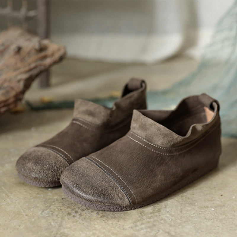 Vintage gray leather round-toe flats front view