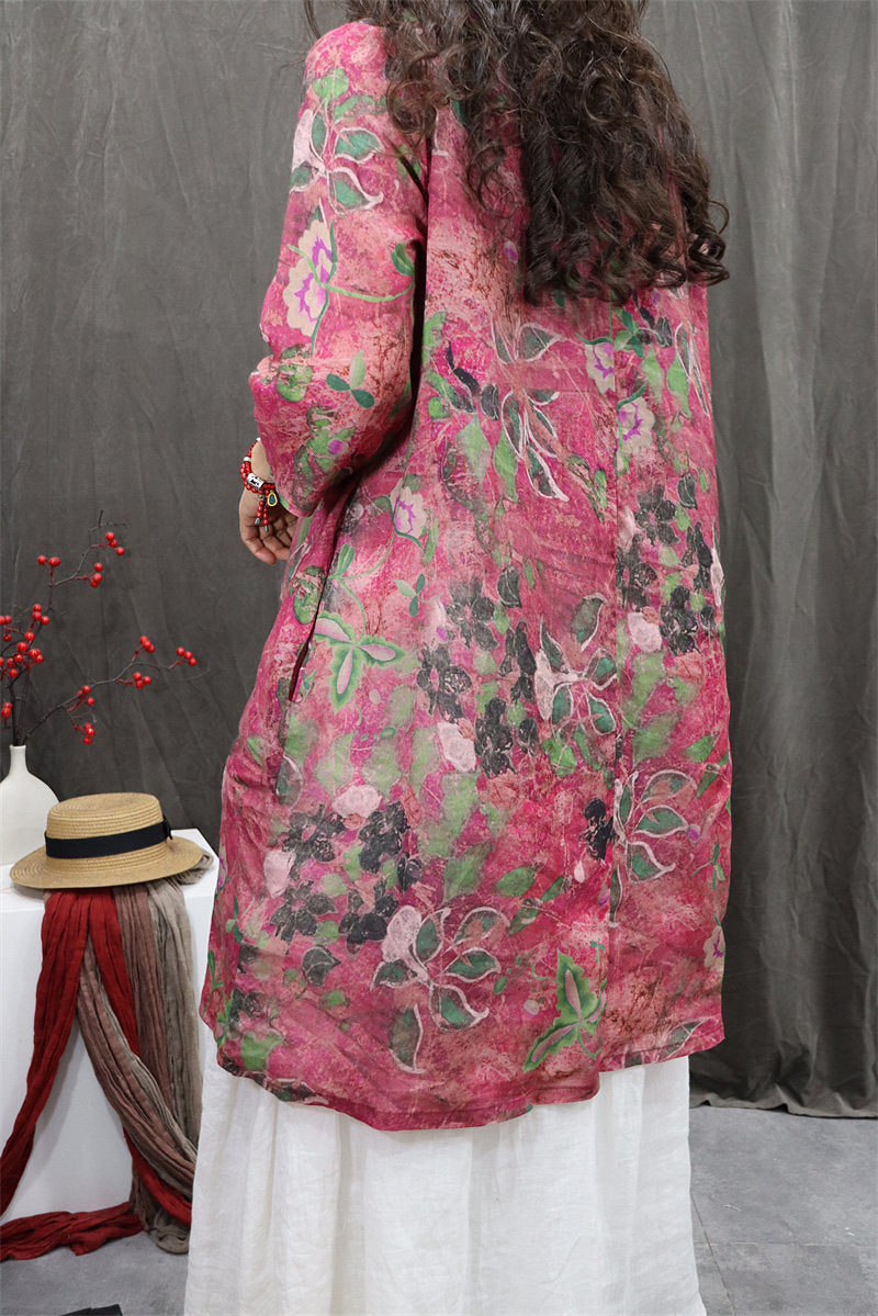 Back view of lightweight floral ramie tunic blouse breathable natural fiber top