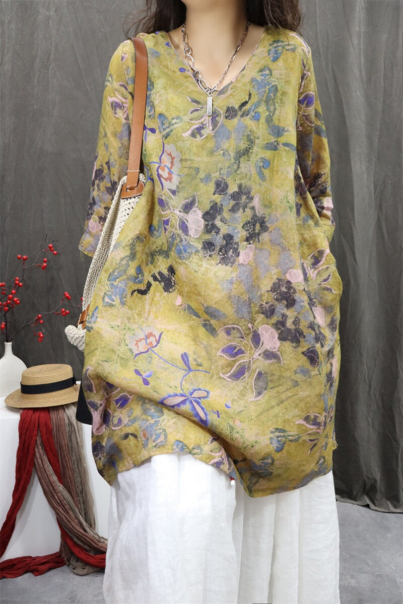 Lightweight floral ramie tunic blouse 3/4 sleeve design vintage style