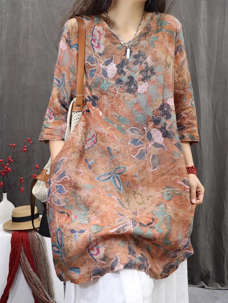 Woman wearing lightweight floral ramie tunic blouse casual everyday outfit