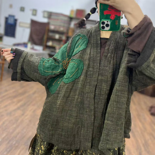 Front view of linen appliqué cardigan for women