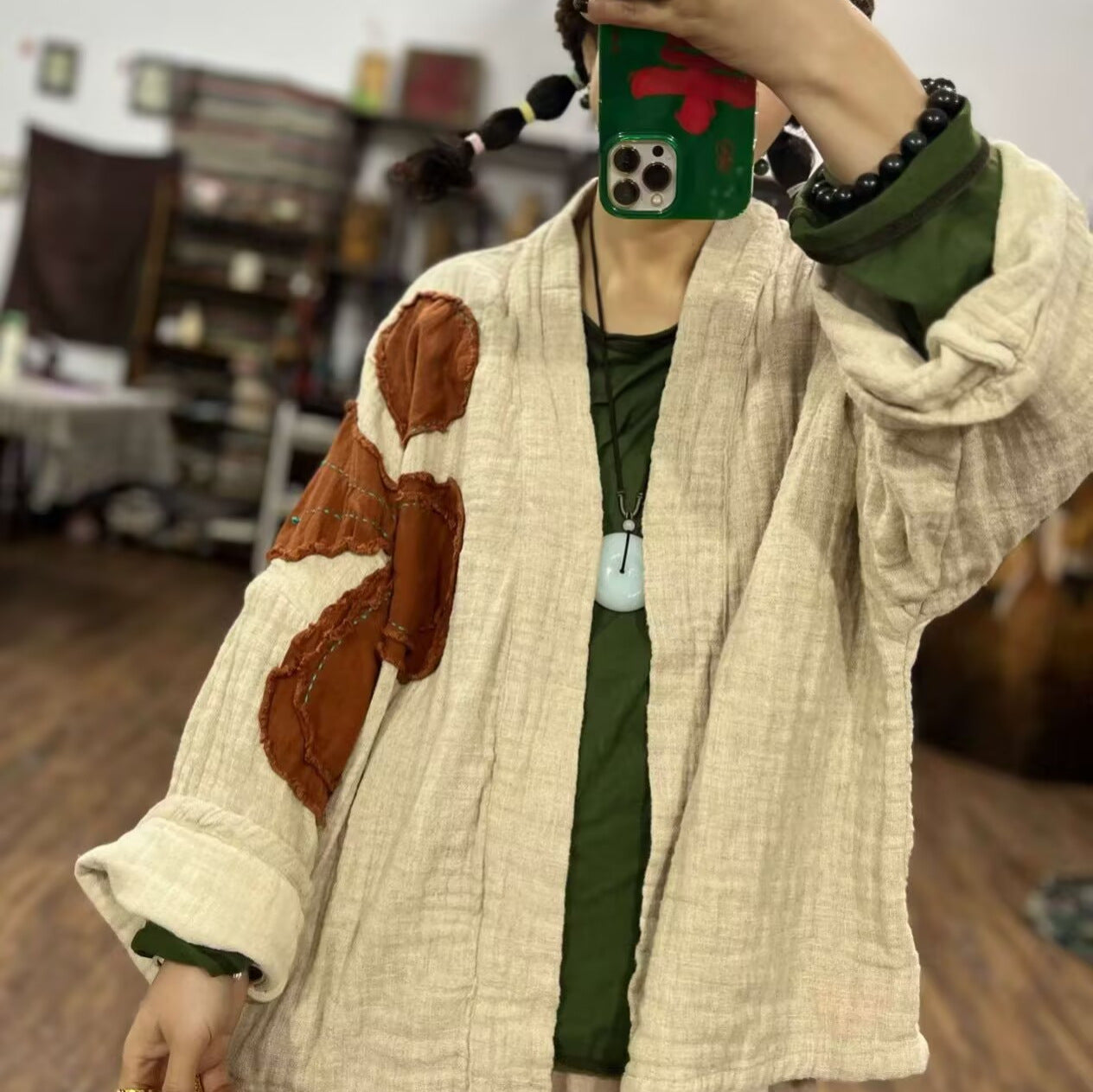 Vintage outfit styled with linen appliqué cardigan