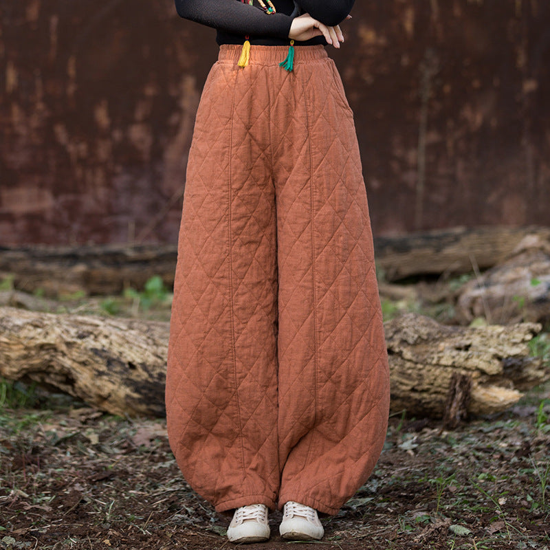 Front view of cozy linen quilted pants for women