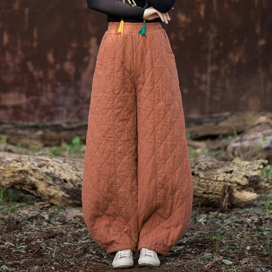 Front view of cozy linen quilted pants for women