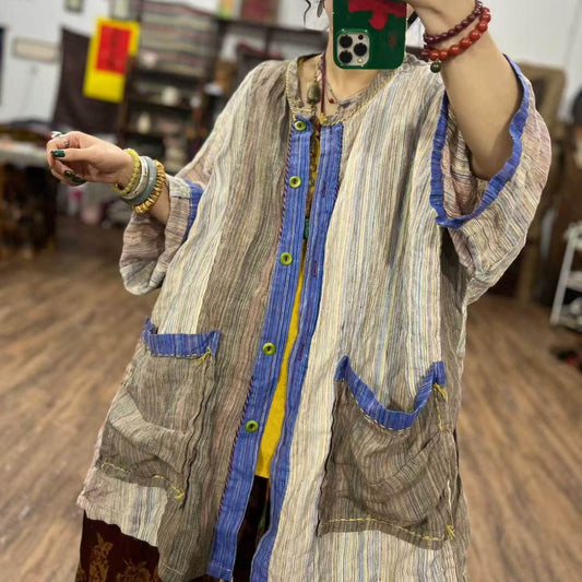 Front view of yarn-dyed linen striped jacket