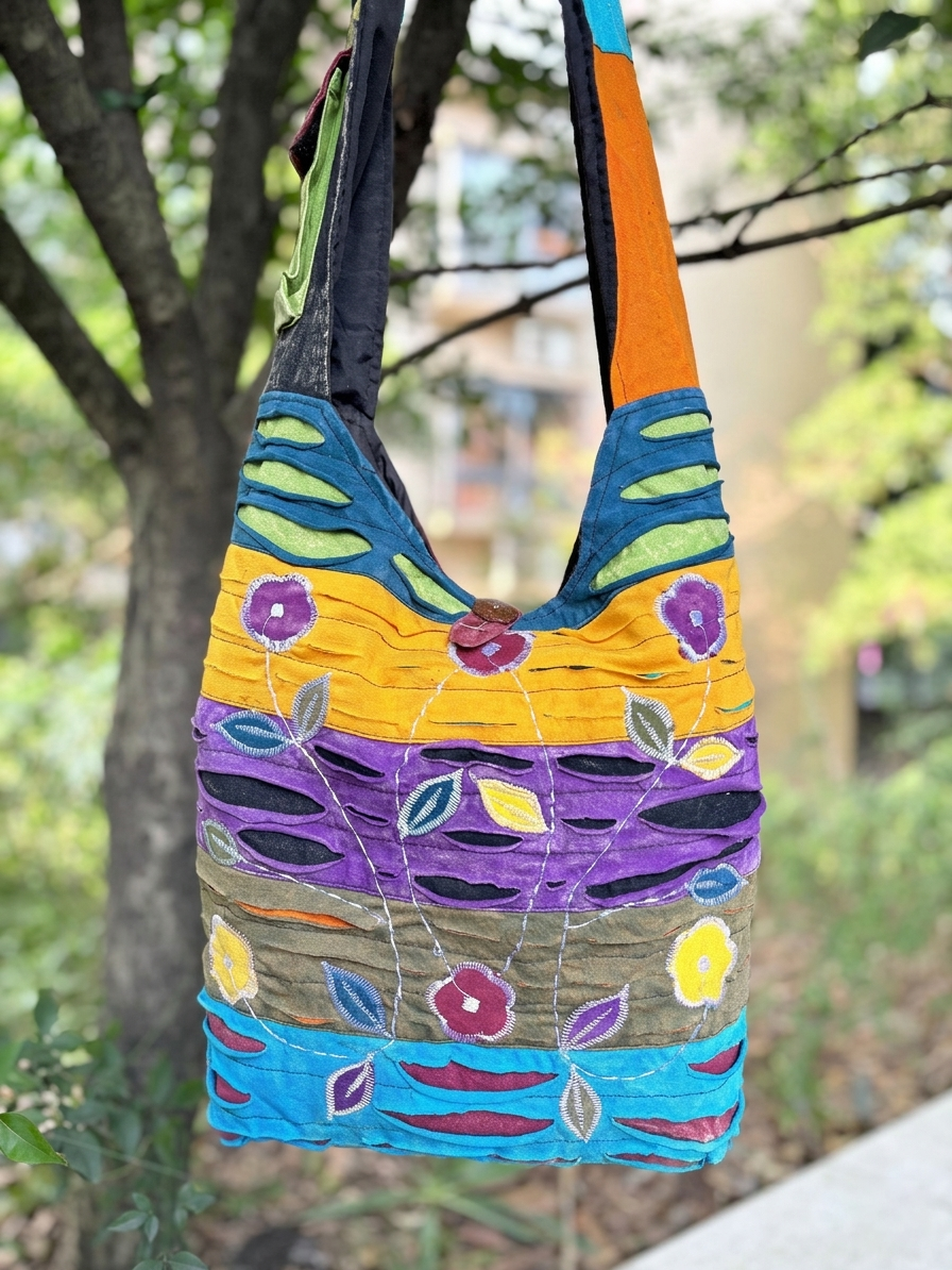 Side view of Nepal handmade boho shoulder bag