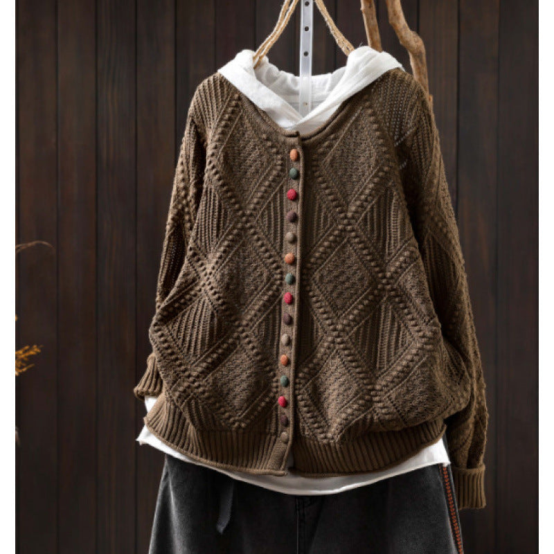 Casual open-knit sweater with colorful buttons styling