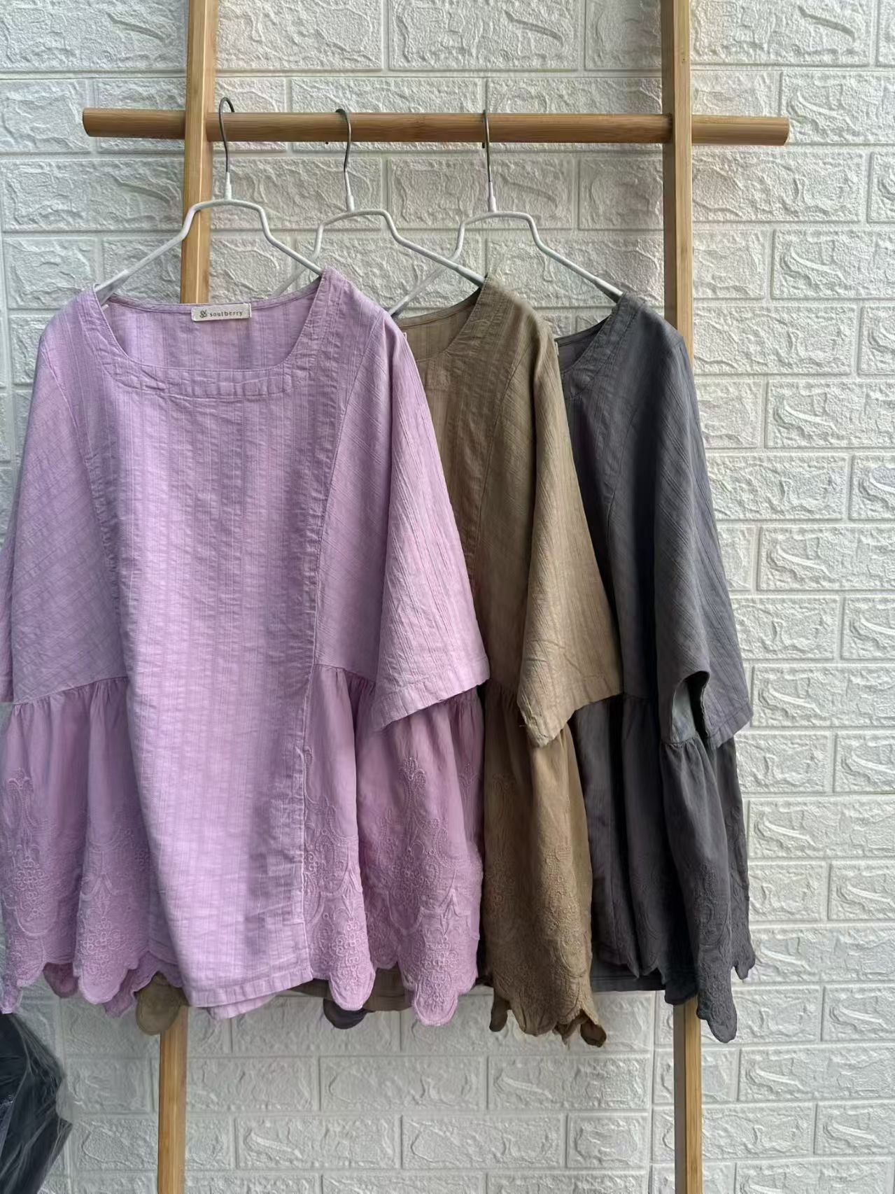 Front view of patchwork embroidered cotton blouse vintage style top