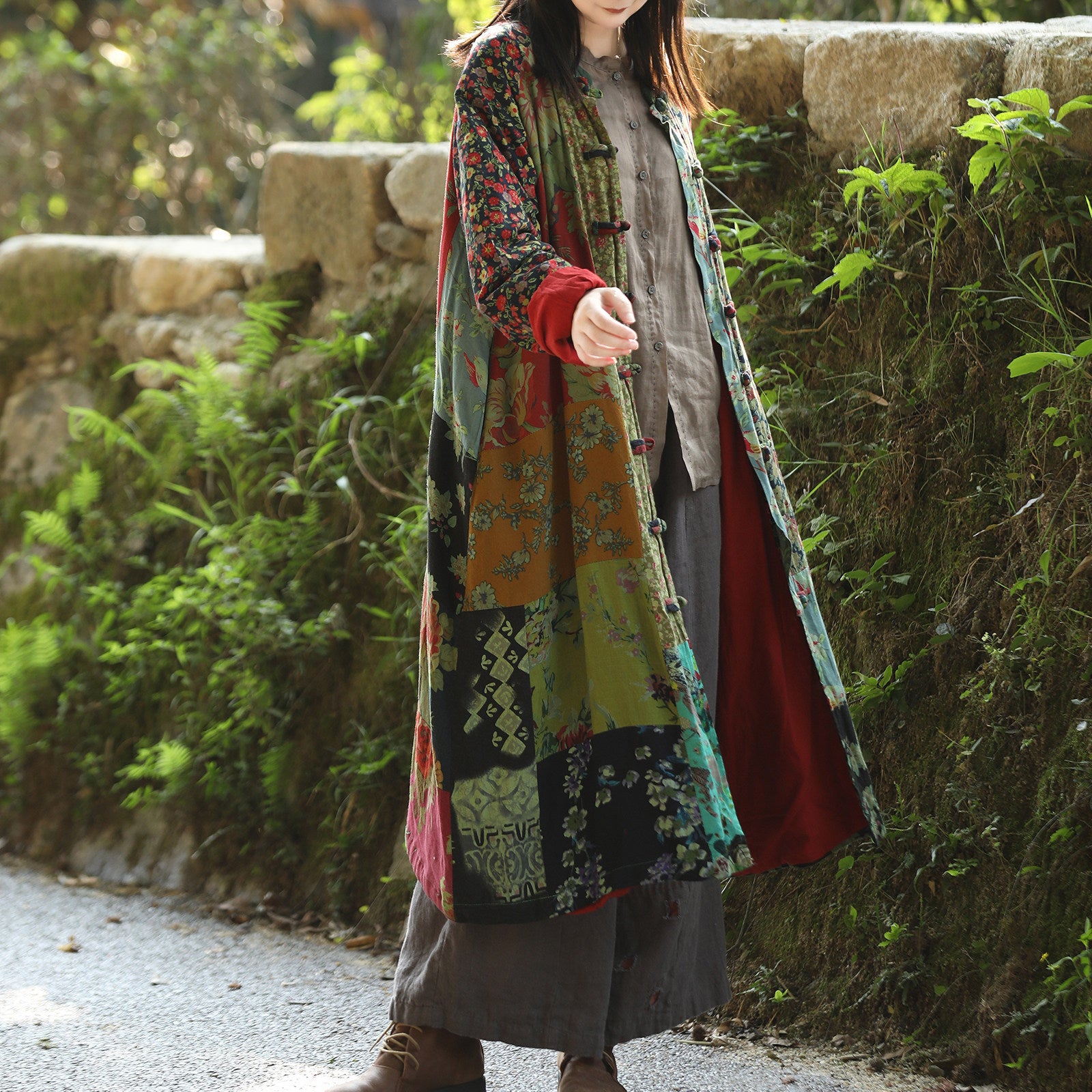 Boho cotton linen patchwork jacket styled casually