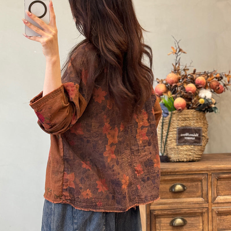 back view of lightweight patchwork print blouse