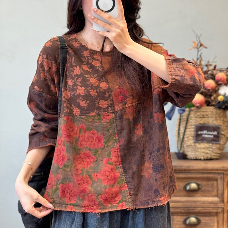 front view of vintage patchwork print top with relaxed fit