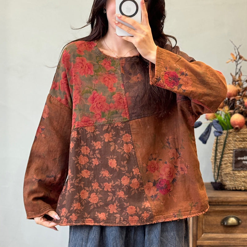 woman wearing patchwork print top styled with casual jeans