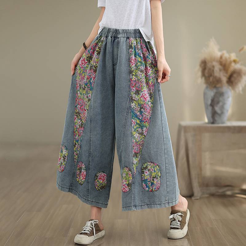 Patchwork printed cropped pants front view with relaxed fit