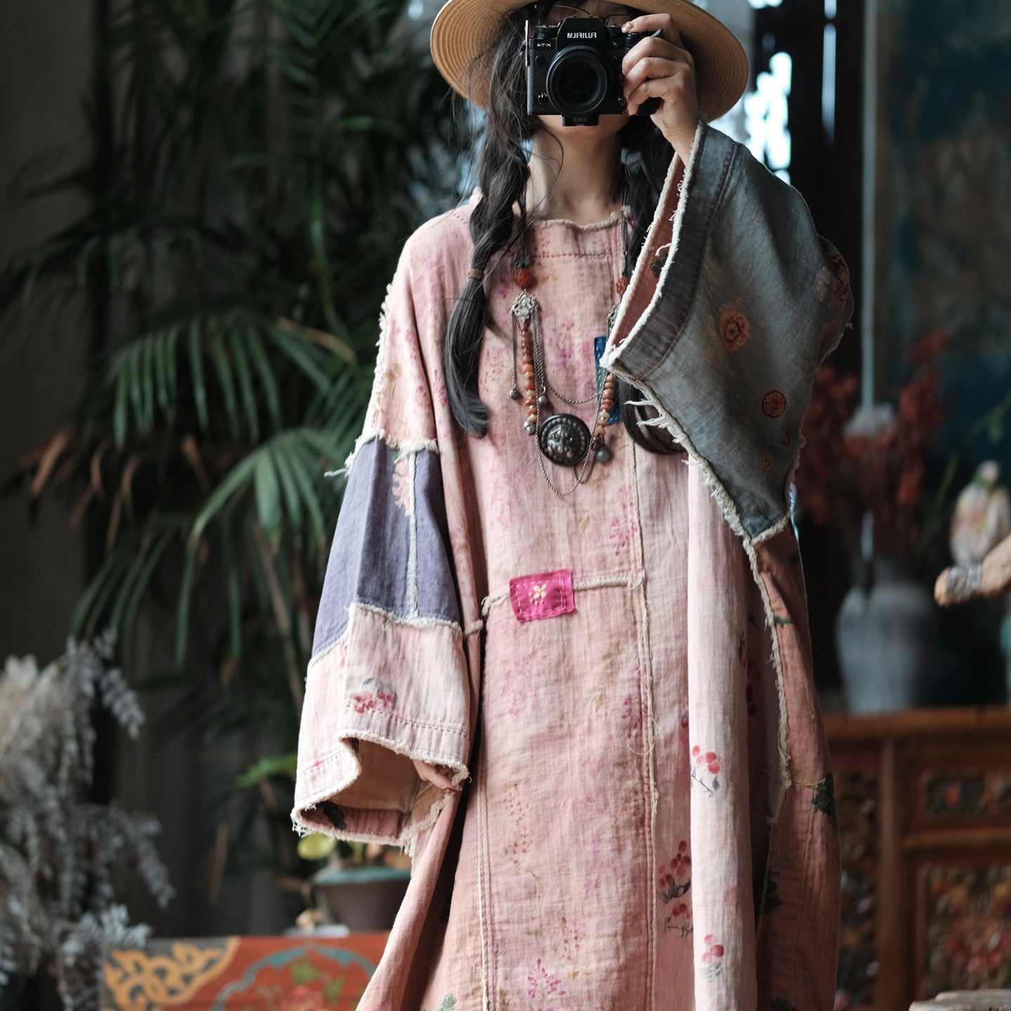 Back view of vintage pink floral patchwork tunic dress