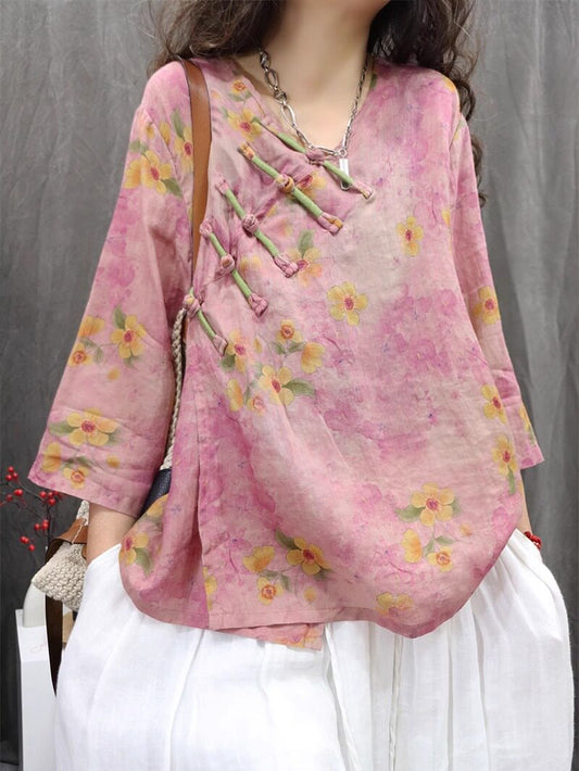 Front view of pink floral ramie blouse with 3/4 sleeves