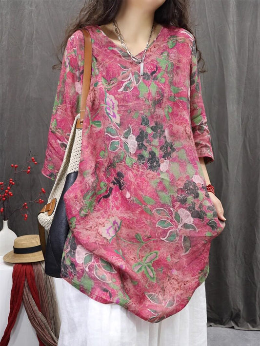 Lightweight floral ramie tunic blouse vintage boho top front view