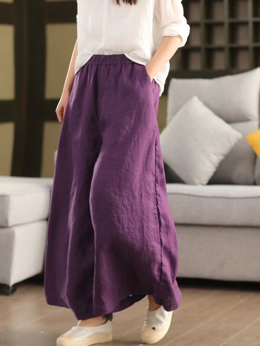 Front view of relaxed wide-leg linen pants in natural flax