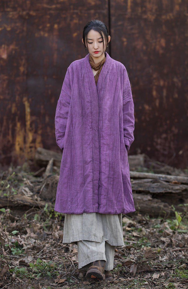 purple distressed linen quilted coat