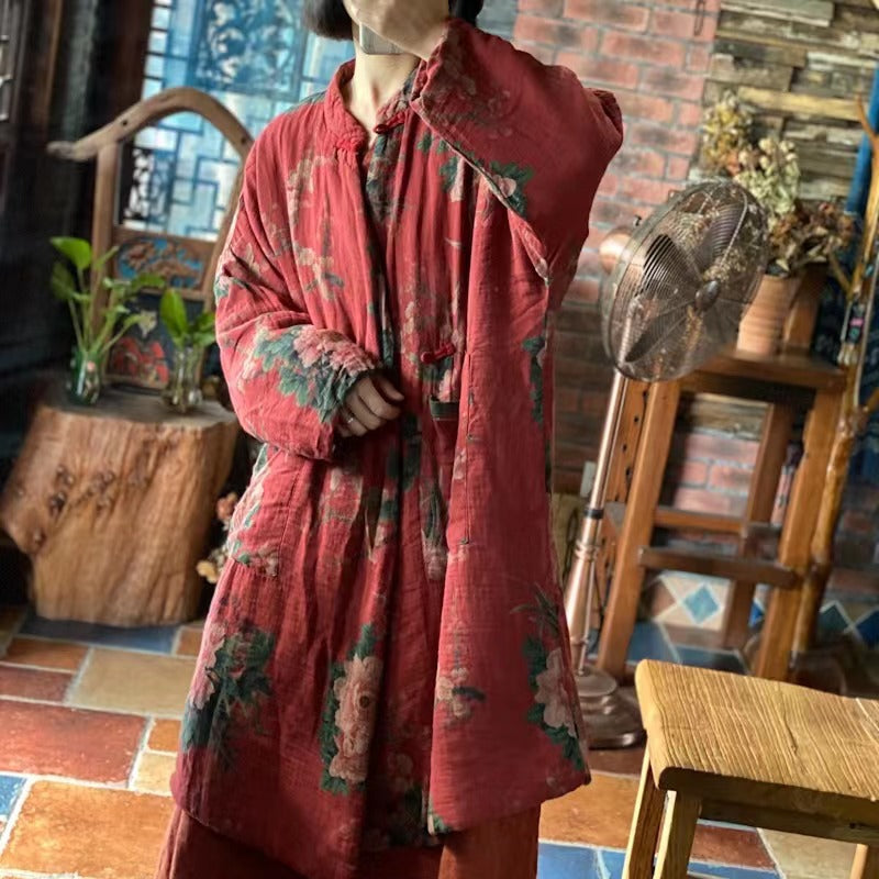 Bohemian floral quilted coat styled with casual outfit