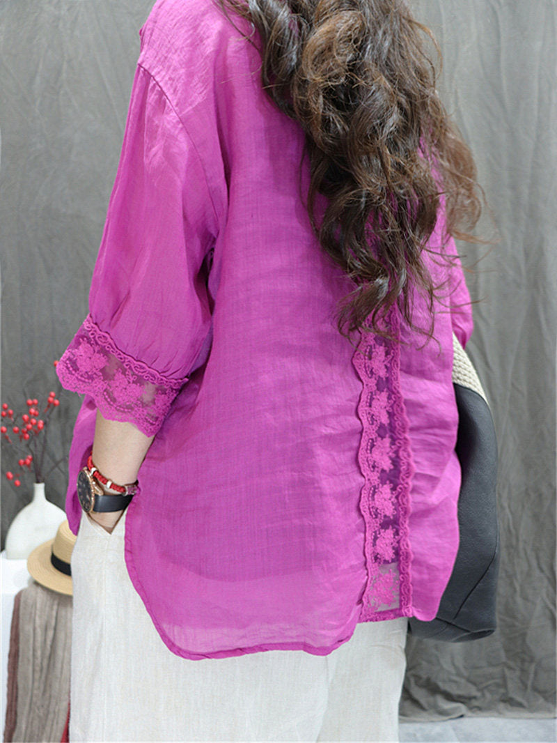 Back view of ramie blouse with crochet lace detail