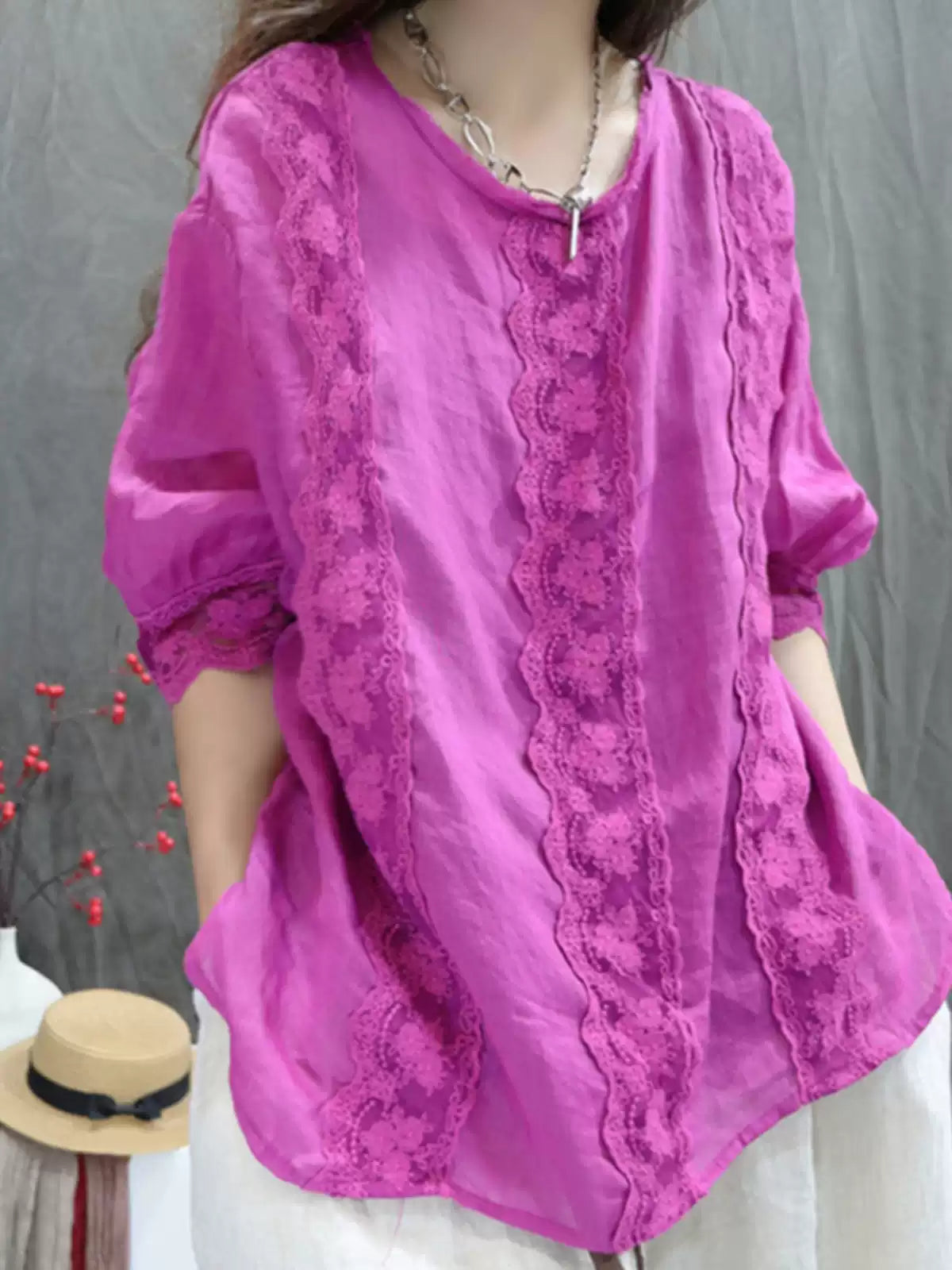 Front view of ramie lace trim blouse lightweight vintage top