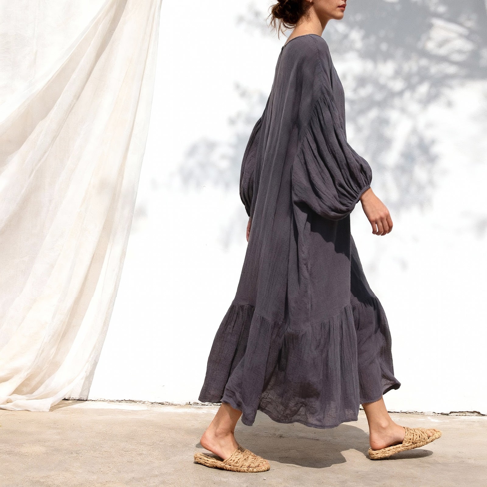 Side view of ramie lantern sleeve dress