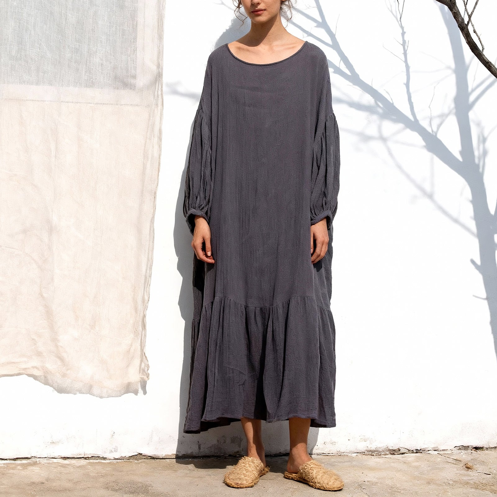 Front view of ramie lantern sleeve dress