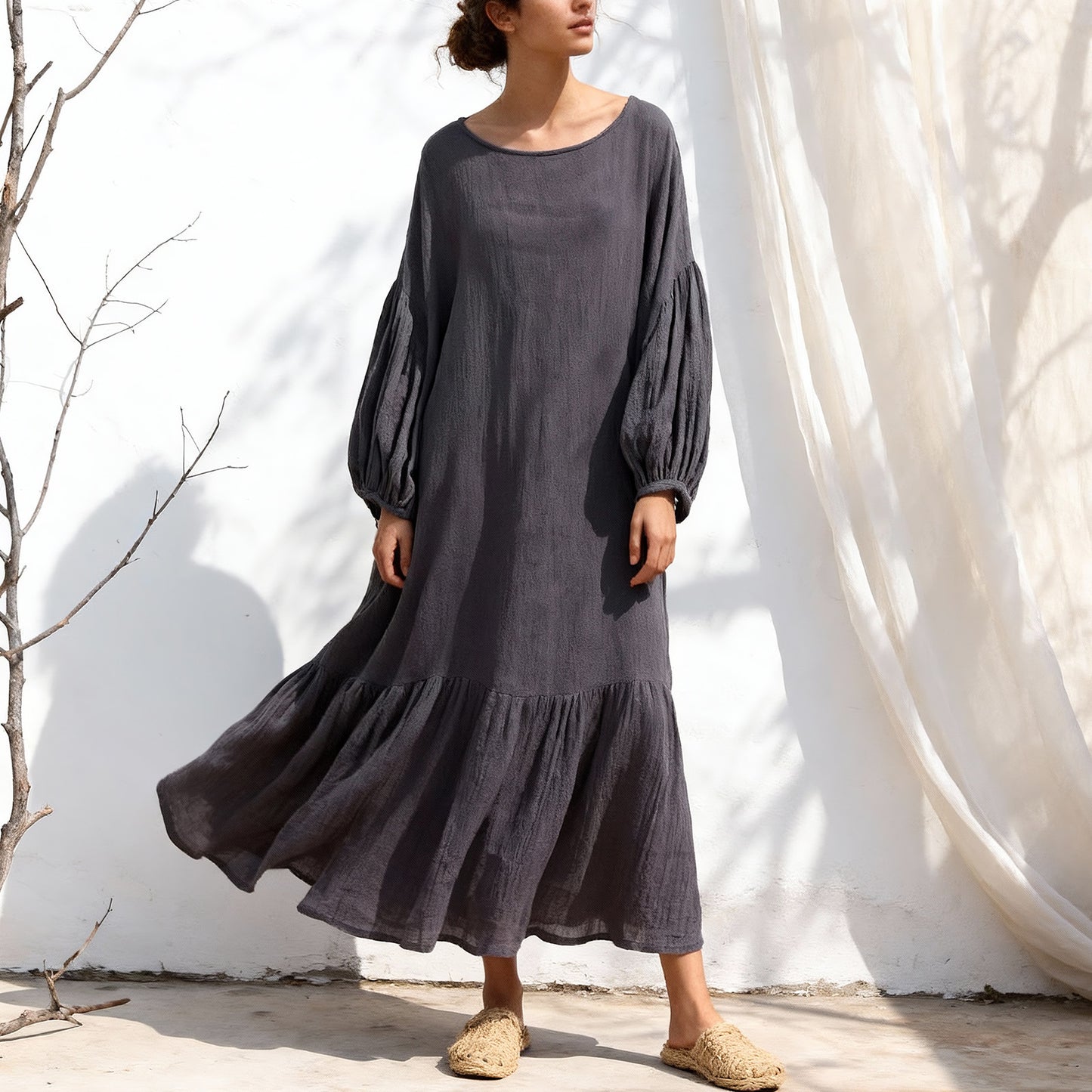 Lantern sleeve detail on ramie dress