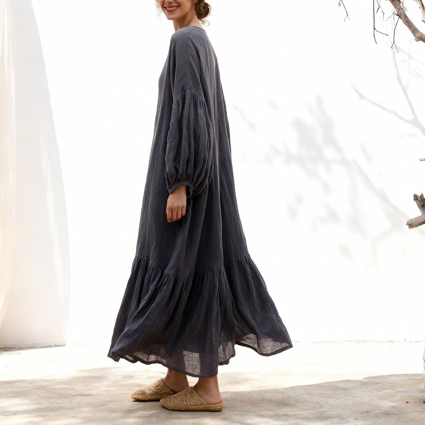 Back view of ramie lantern sleeve dress