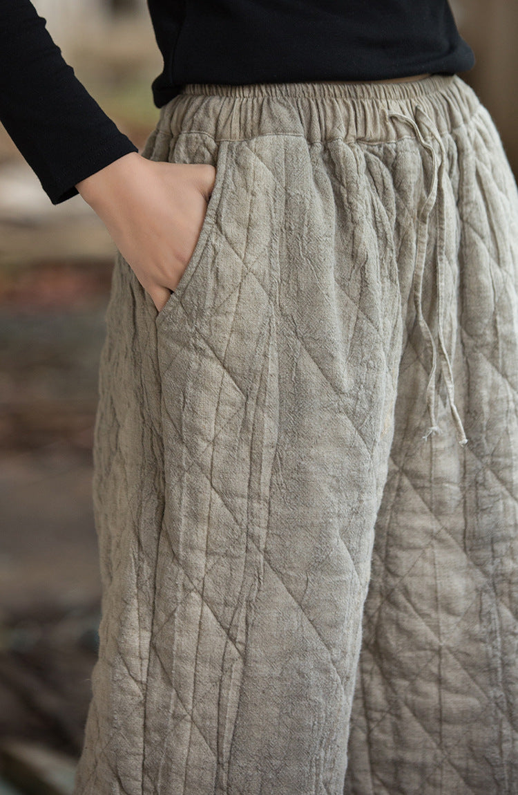 Close-up of quilted padding on ramie pants