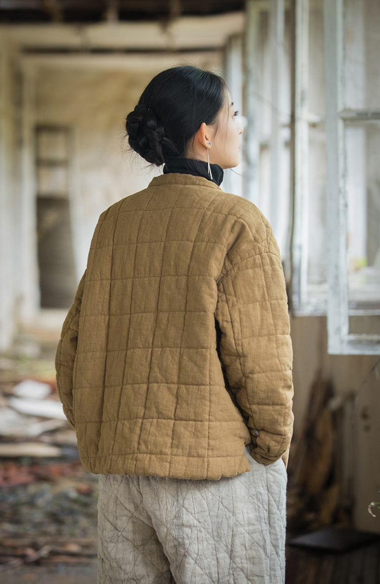 Back profile of Ramie Padded Short Jacket, highlighting fit and length