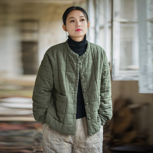 Front view of Ramie Padded Short Jacket for women, lightweight and cozy