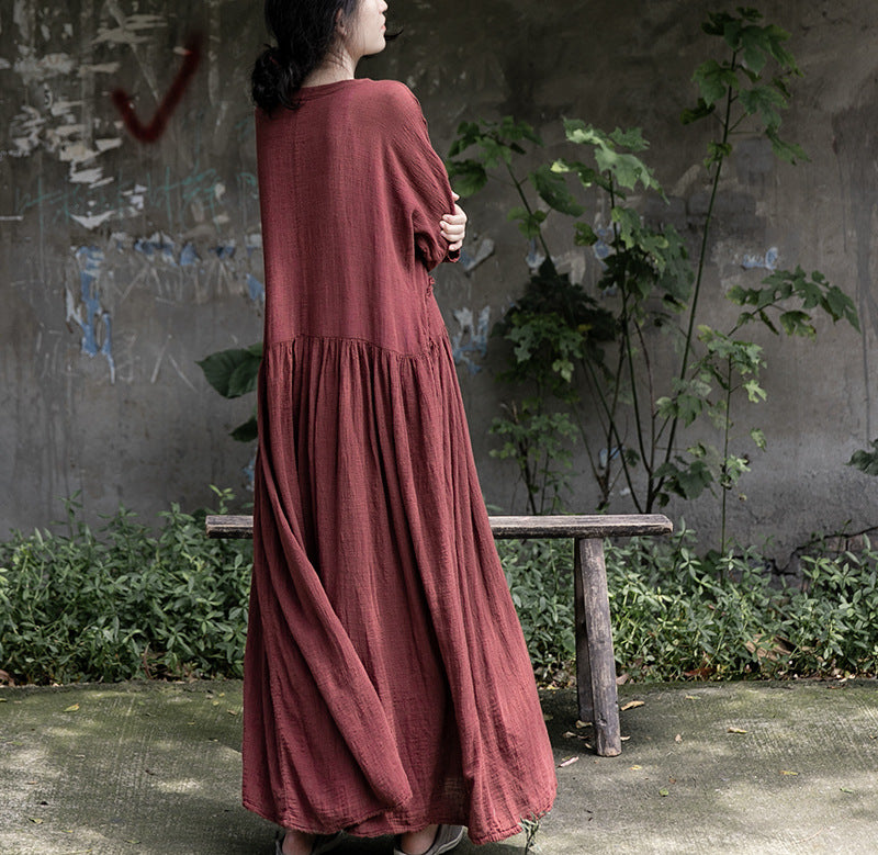 Back view of draped cotton linen dress with an easy flowing shape