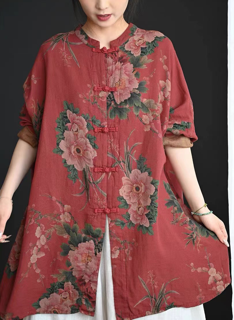 Lightweight Women’s Red Floral Button-Up Jacket Detail