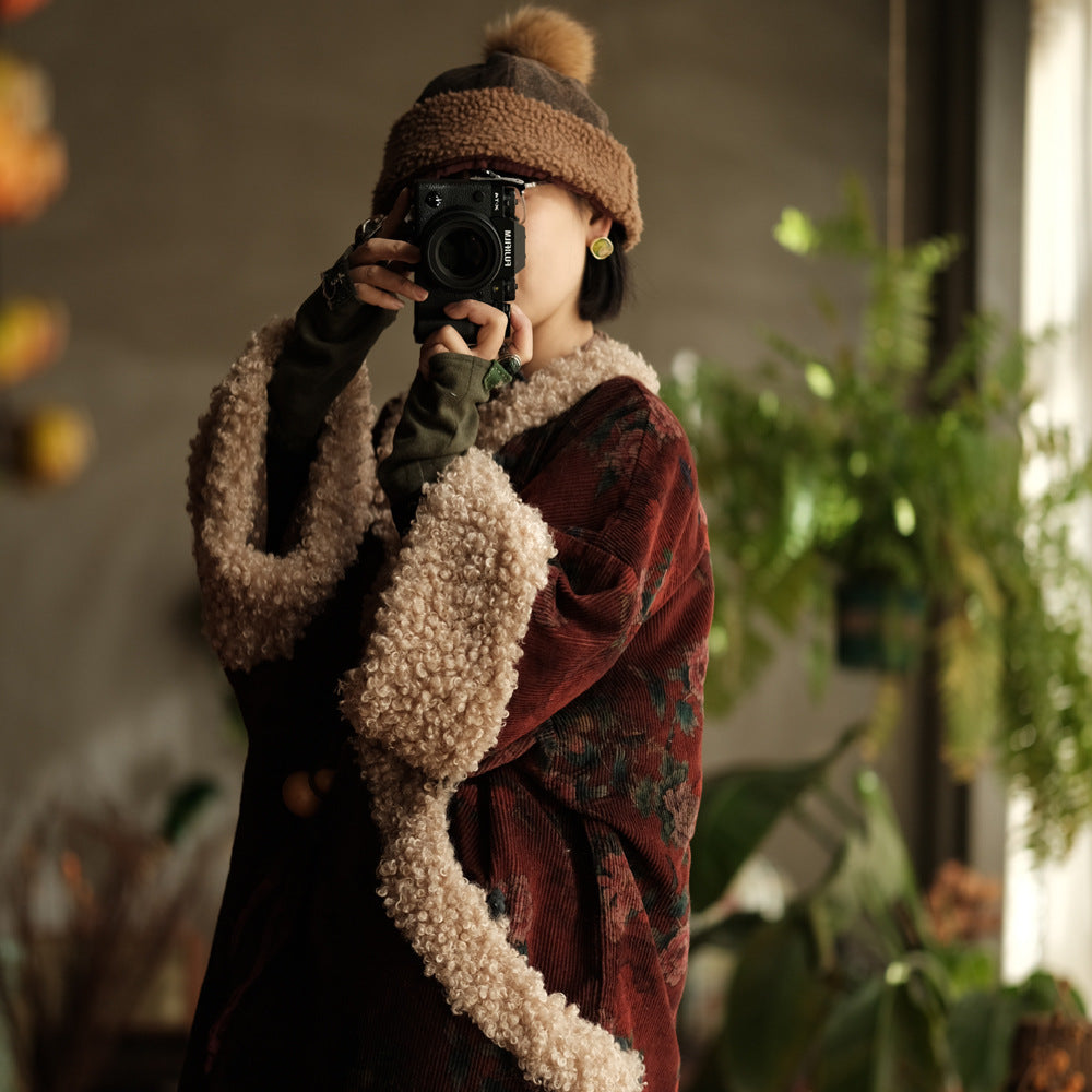 Close-up of floral corduroy print, quilted stitching, and sherpa collar detail.