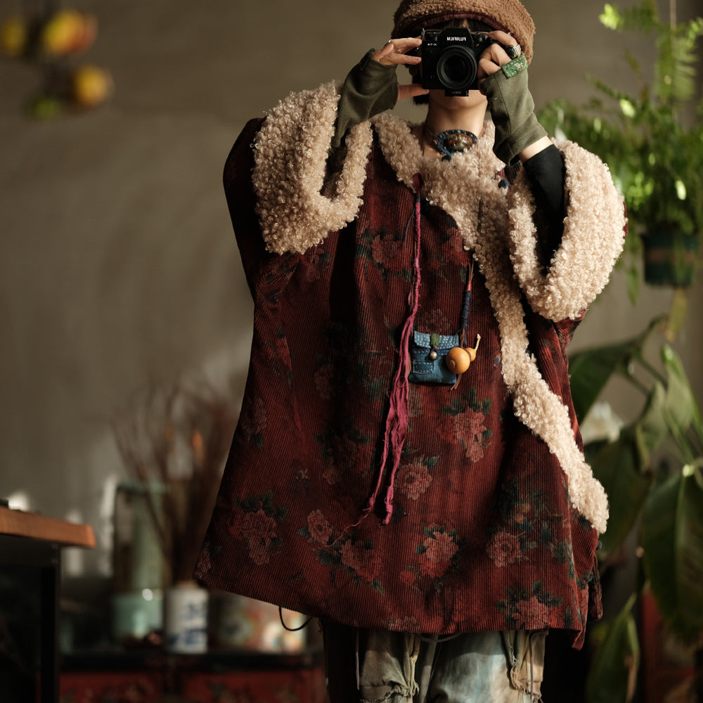 Model wearing red floral corduroy sherpa quilted jacket styled for fall layering.