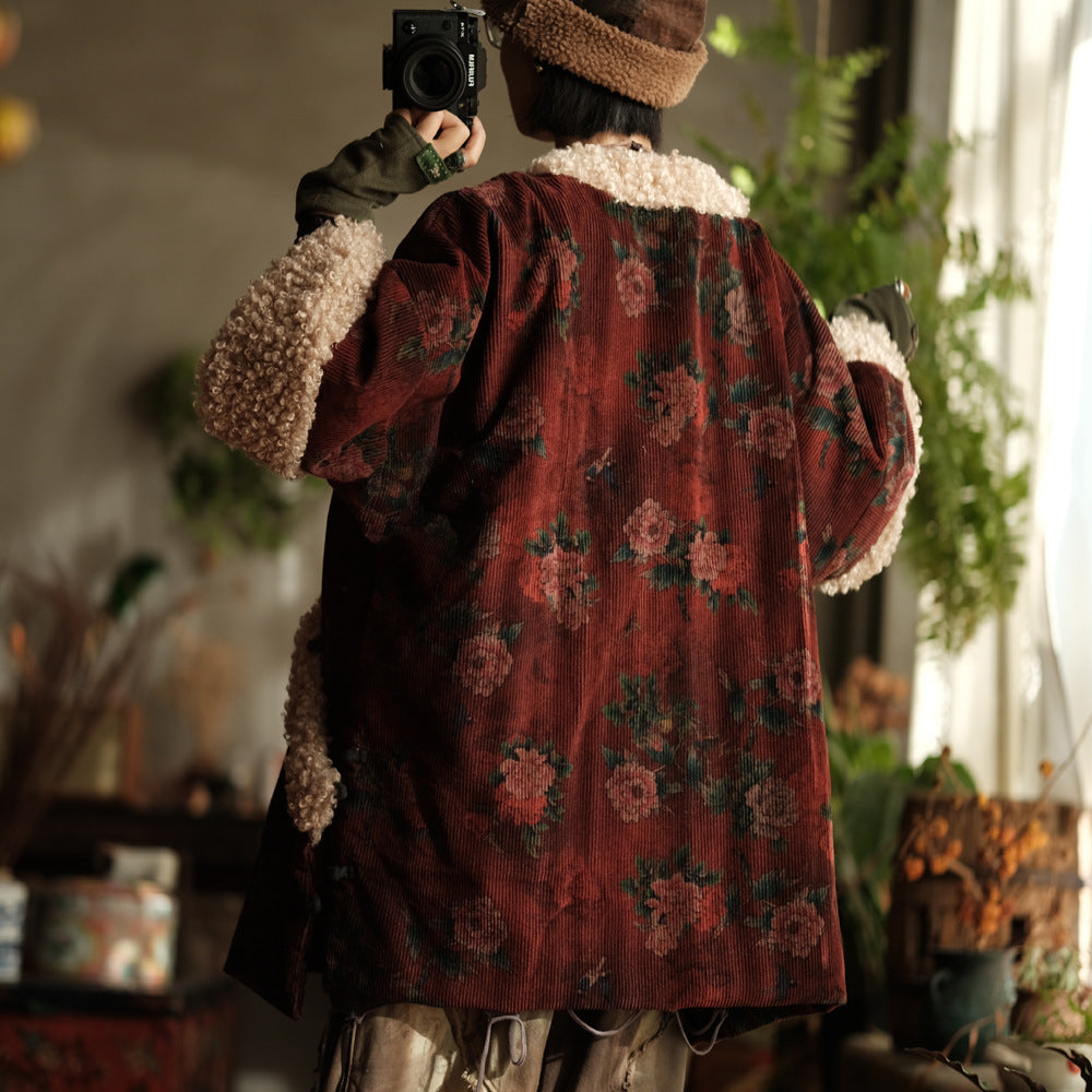 Back view of red floral corduroy sherpa quilted jacket showing relaxed boho fit.