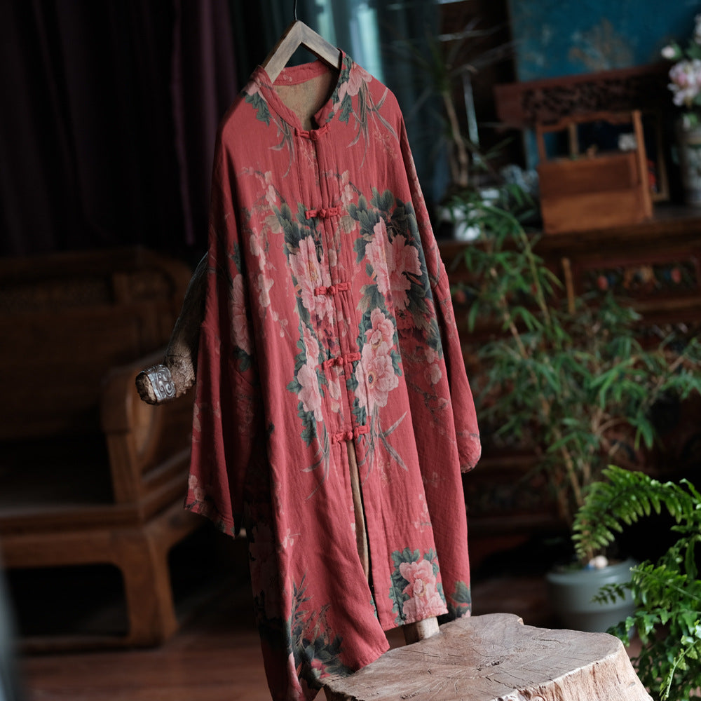 Vintage-Inspired Red Floral Cotton Jacket Front View