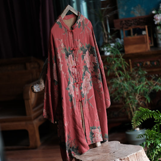 Vintage-Inspired Red Floral Cotton Jacket Front View