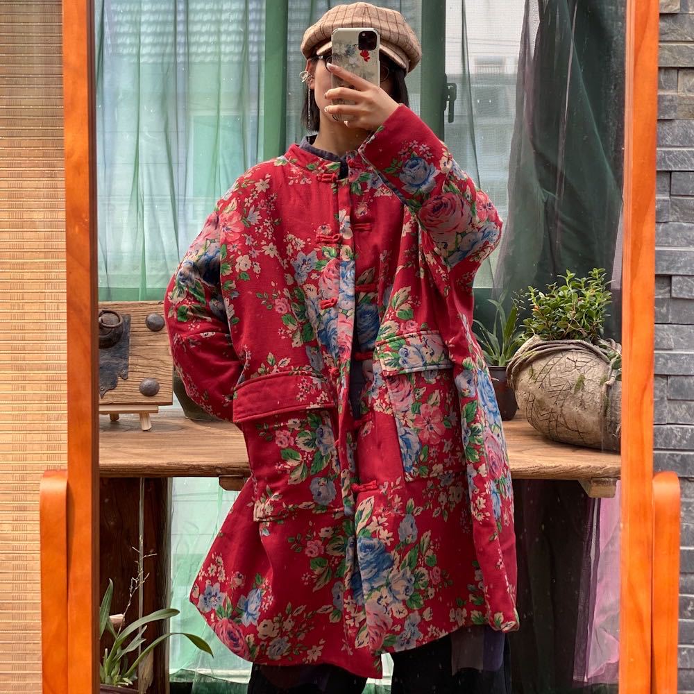 Front view of Red Floral Quilted Jacket for women, vintage-inspired floral design