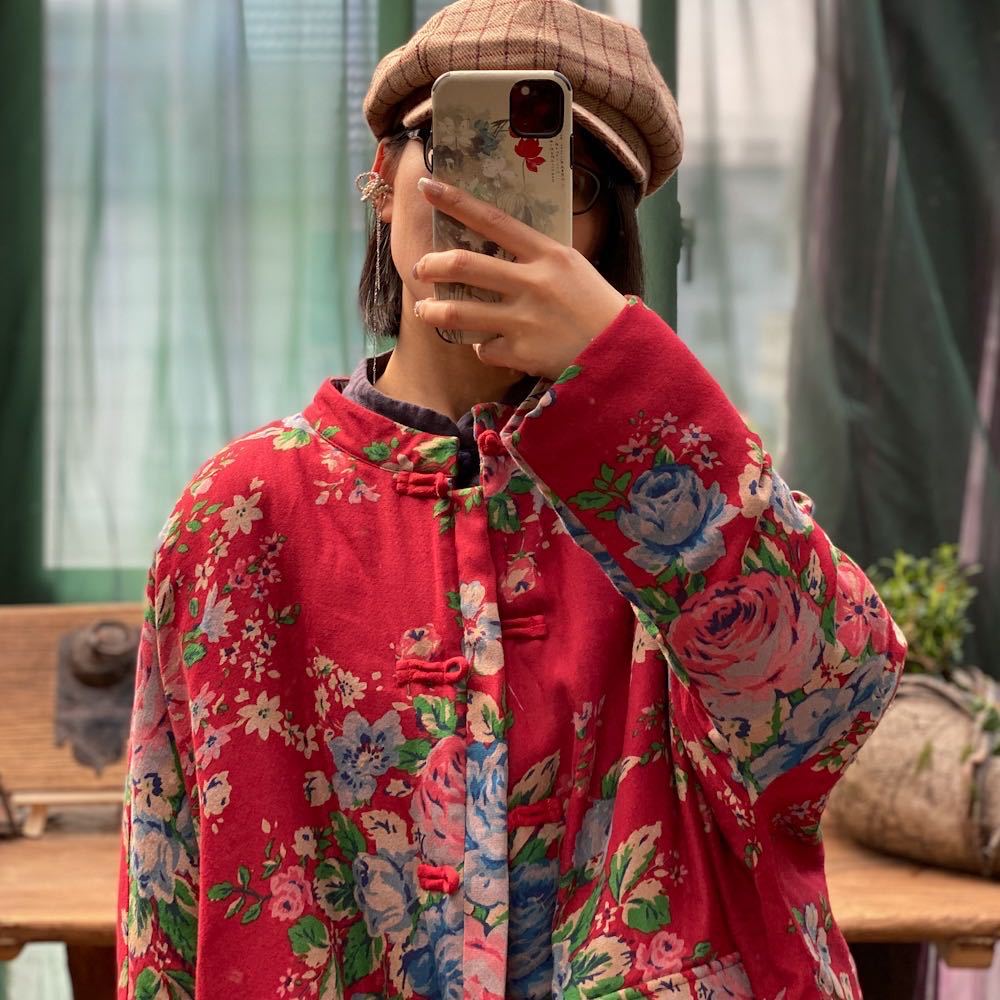 red floral pattern and quilted texture on Red Floral Quilted Jacket