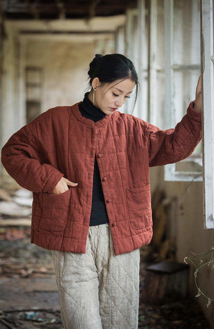 Woman wearing Ramie Padded Short Jacket styled with casual outfit outdoors
